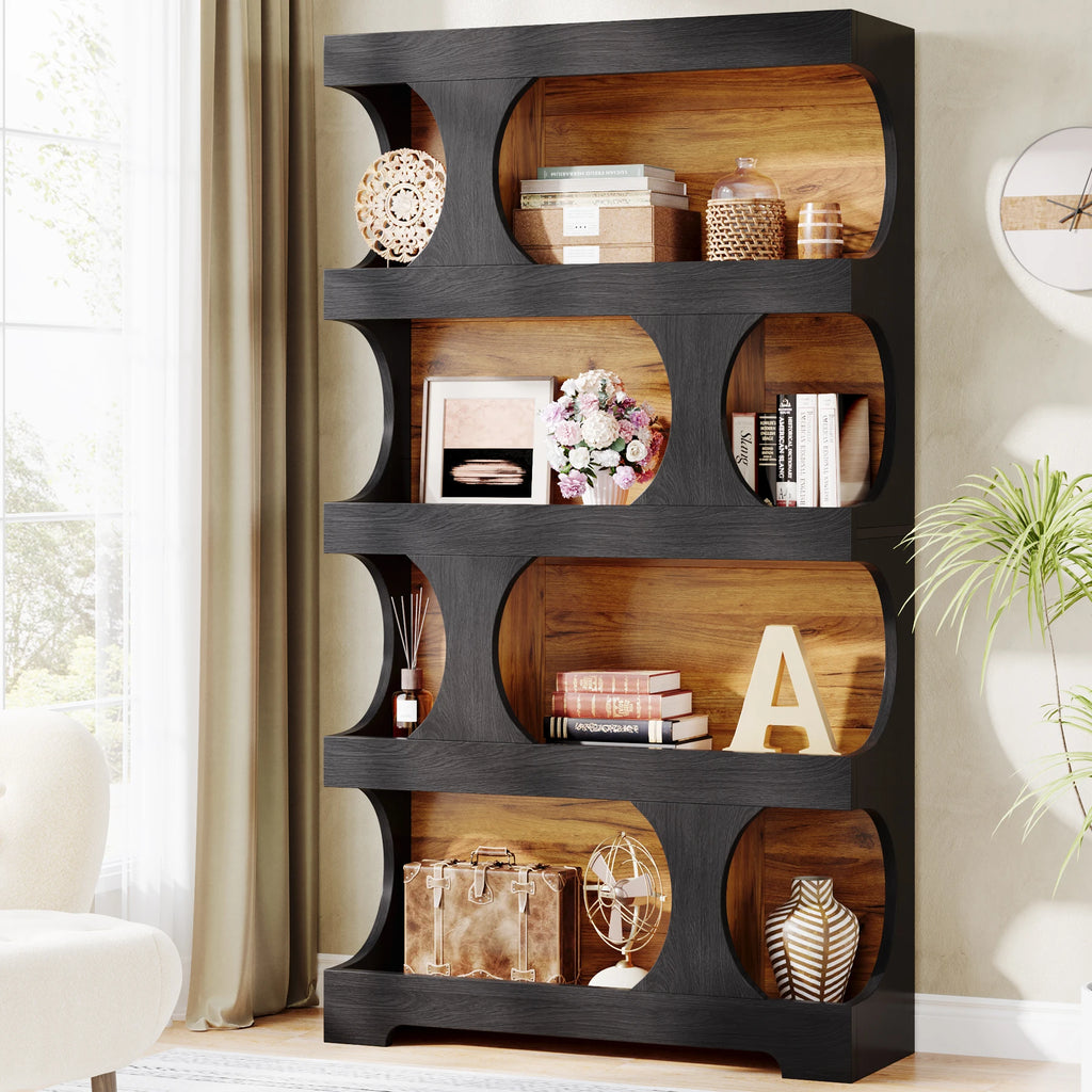 71" Tall 4 Tier S Shaped Bookcase Wood Decorative Storage Shelving, Modern Freestanding Display Shelves
