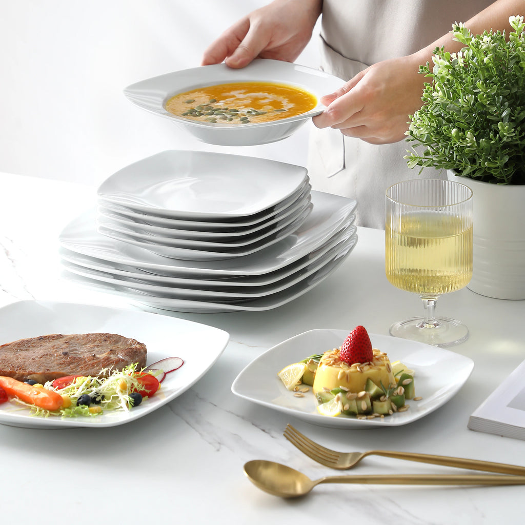 Classic 18-Piece Ceramic Porcelain Dinnerware Set with 6*Dinner Soup Dessert Plates Tableware Set Service for 6