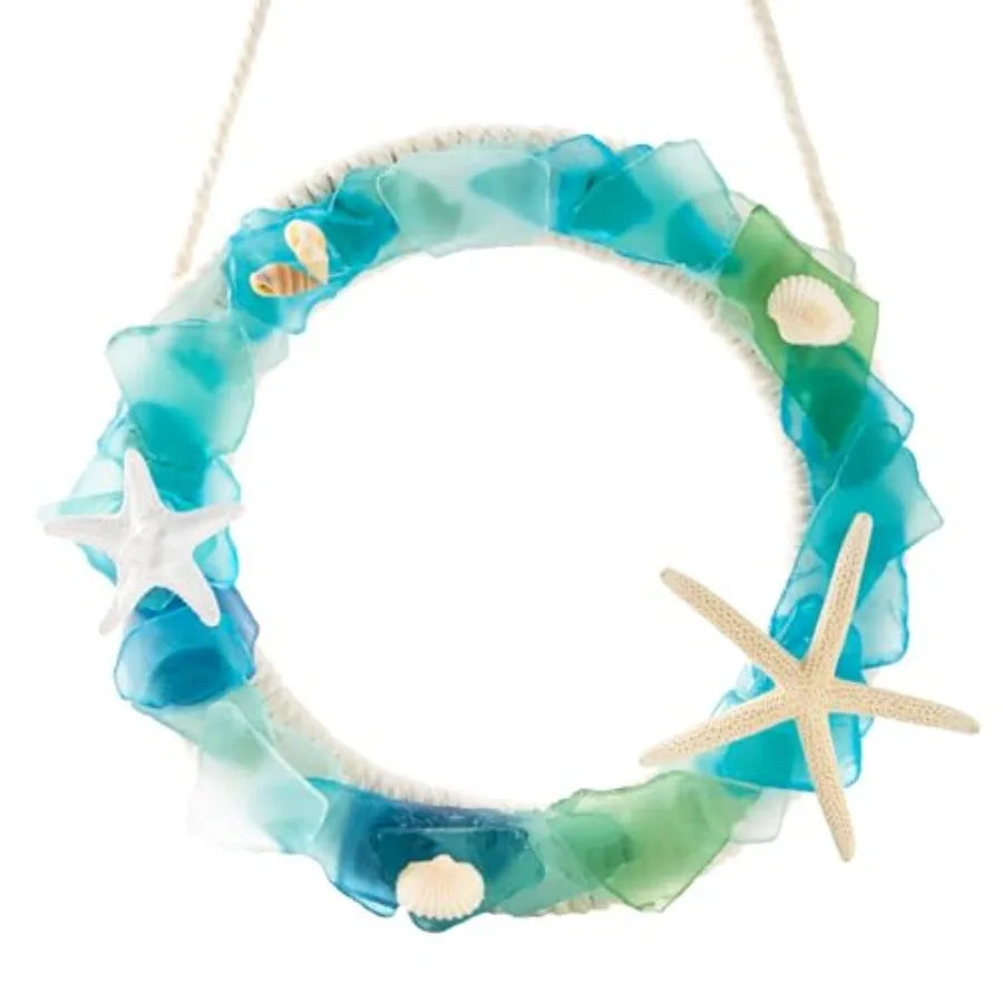 Handcrafted Coastal Blue Sea Glass Wreath for Door Starfish and Shells