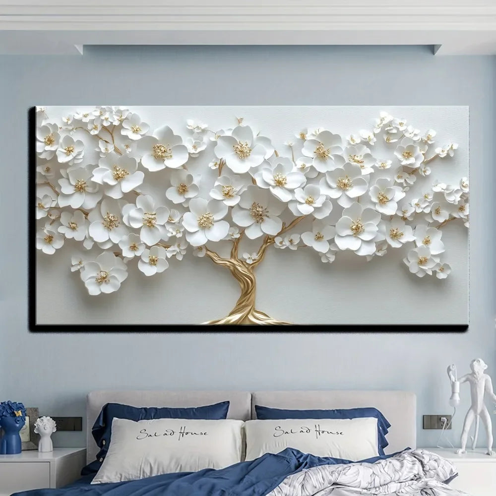 Nordic white flower oil painting on canvas,  1.5 inch thick pine solid wood frame