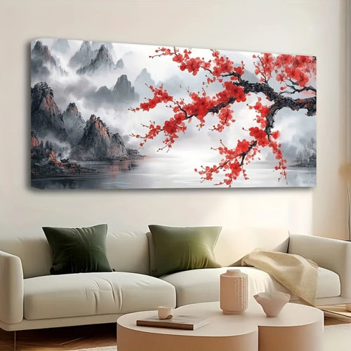 1.5 inch thick pine solid wood frame, Chinese "pink plum" landscape mural,