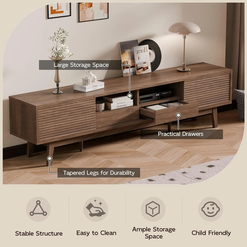 Mid Century  Walnut Console TV Stand 75 Inch Low Profile Fluted Doors Storage Drawers
