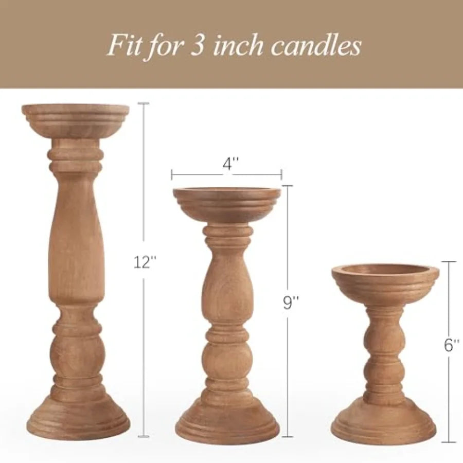 Farmhouse Pillar Rustic Wooden Candle Holders 3 PC 12'' 9'' 6'' Vi
