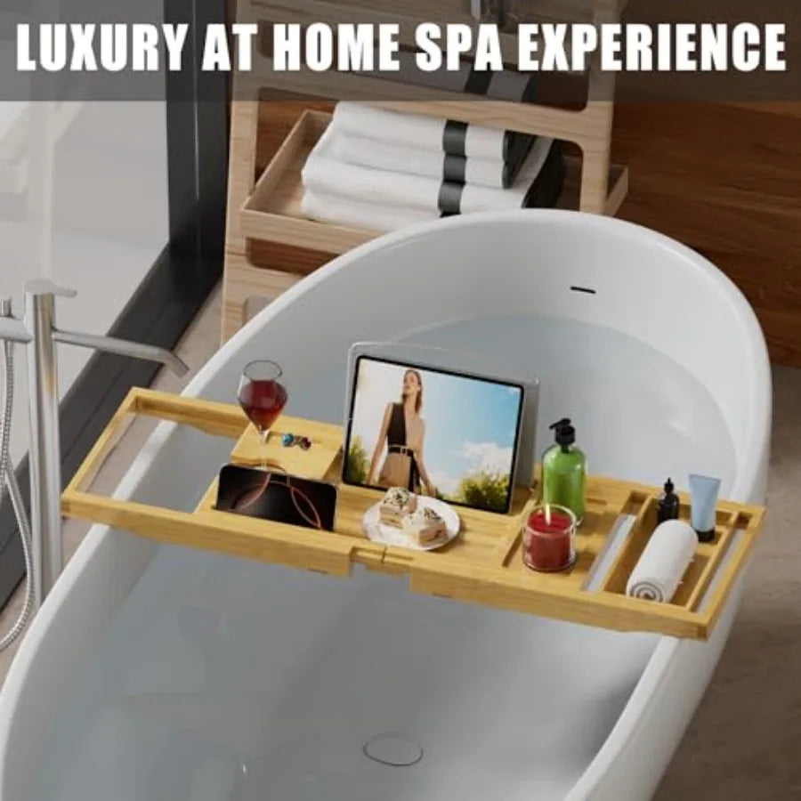 Foldable and Expandable Bamboo Bathtub Caddy Tray for Tub