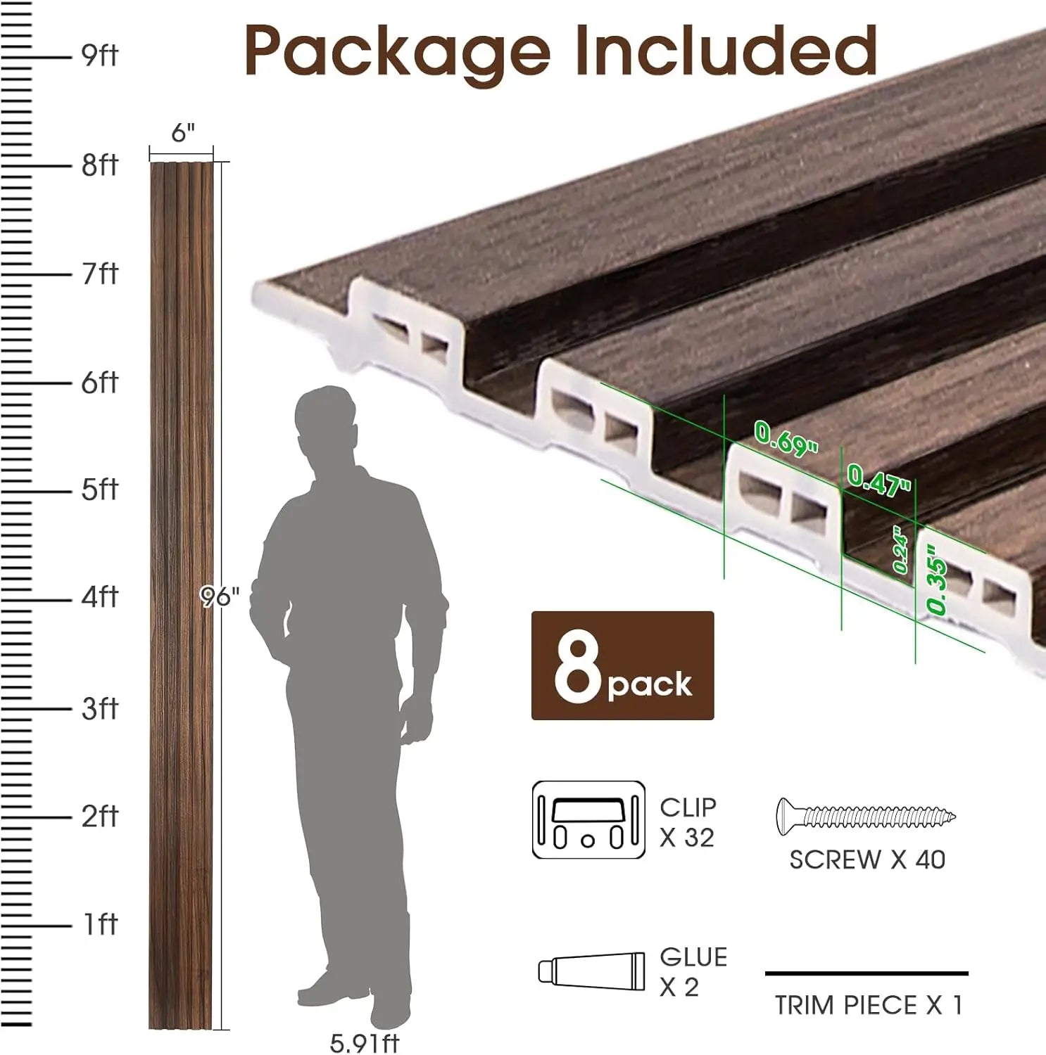 WPC Slat Wall Panels 8 Pack 96"x6" Fluted Wall Paneling  - Low Grille Walnut