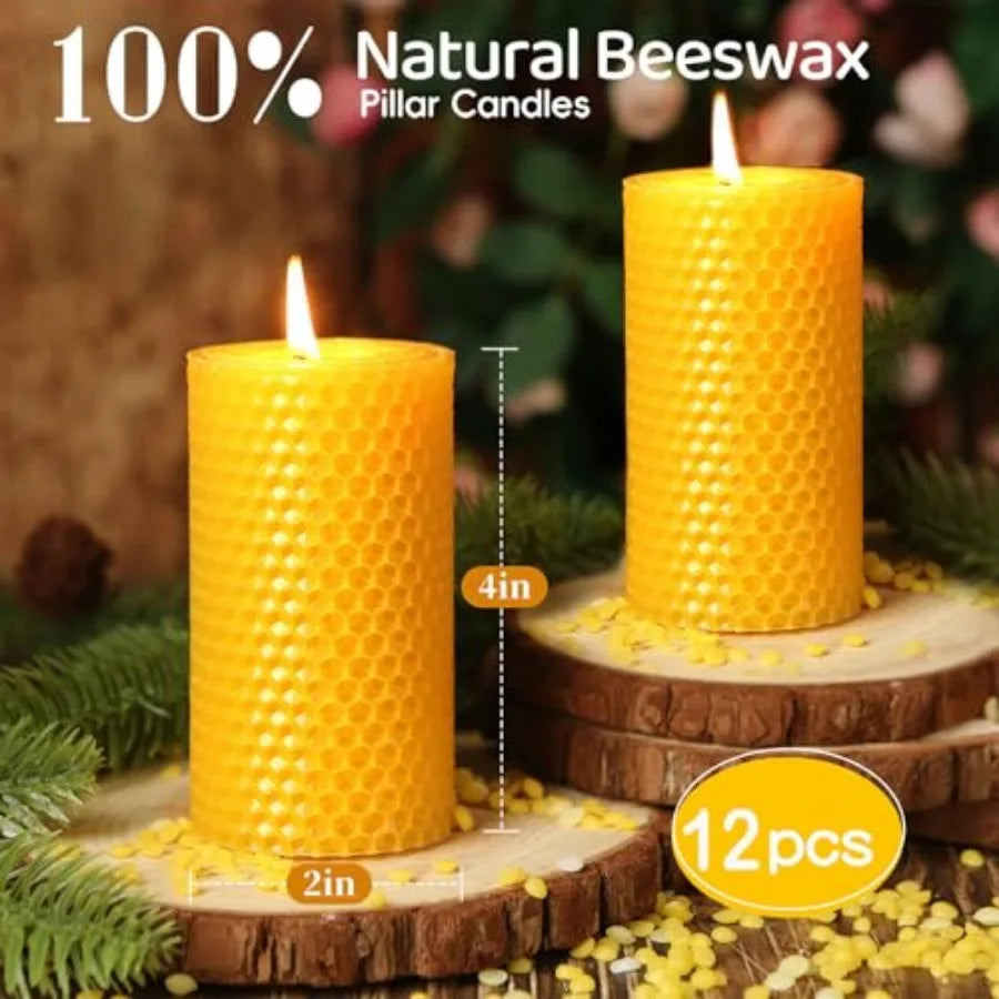 12 Pack Honeycomb Beeswax Candles, 240 Hours Long Burning Natural Handmade Beeswax Rolled Pillar Candles