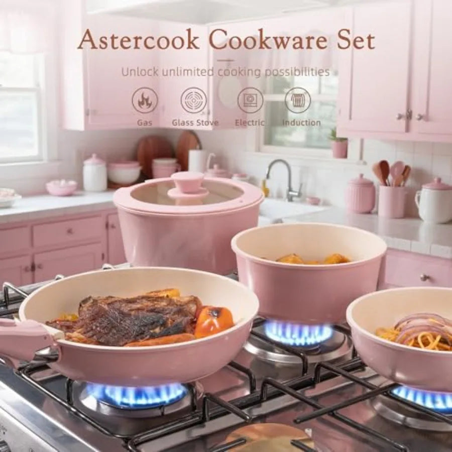 Pots and Pans Set Non Stick, Ceramic Cookware Set Detachable Handle,  Oven Safe,