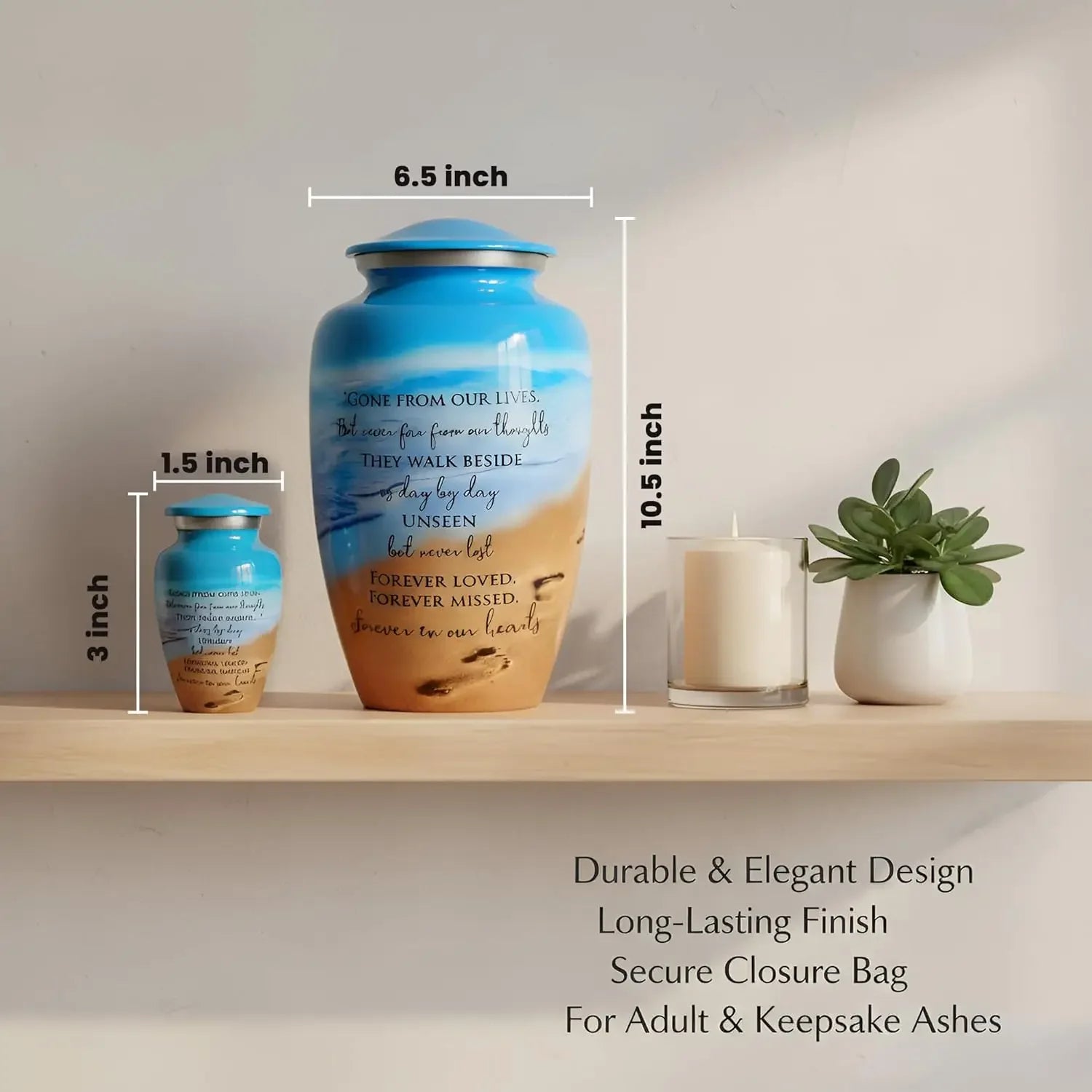 Eco-Friendly Ocean Blue Cremation Urn for Ashes for Humans with 1 Lg Urn (220 lbs), 4 Sm Urns & 2 Ash Pendants