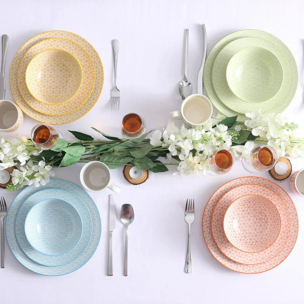16 Pieces Porcelain Multi-Colour Japanese-style Dinnerware Set with 4PCS Dinner Plate Dessert Plate Bowl Mug