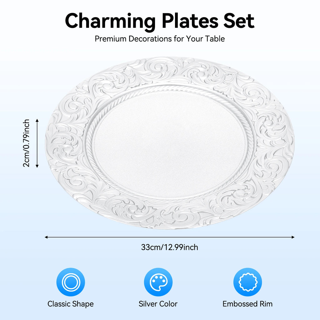 100 Pcs Silver Round Charger Plates Set, Reusable or Disposable multi-use
