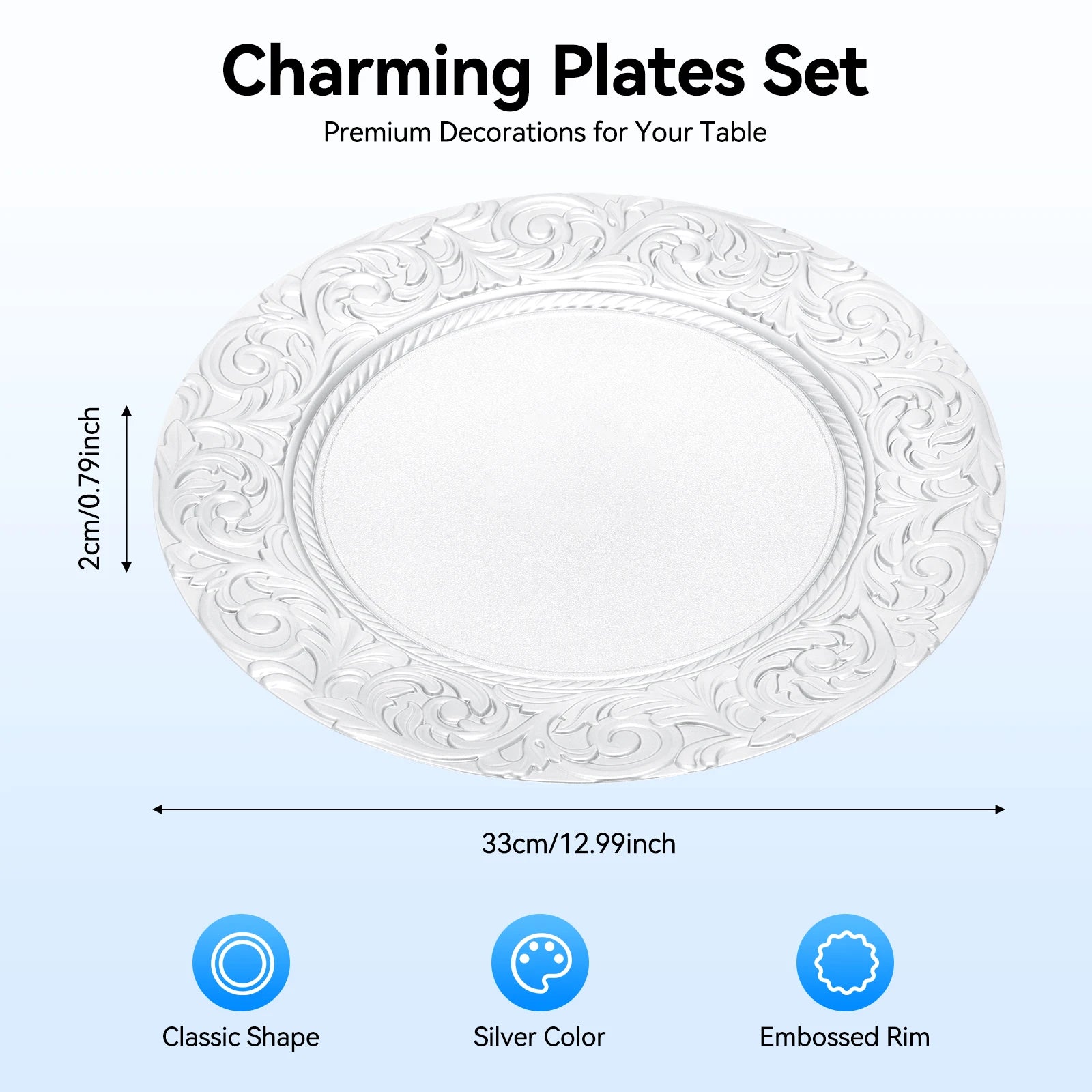 100 Pcs Silver Round Charger Plates Set, Reusable or Disposable multi-use