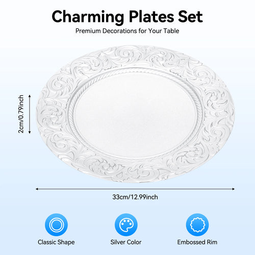 100 Pcs Silver Round Charger Plates Set, Reusable or Disposable multi-use