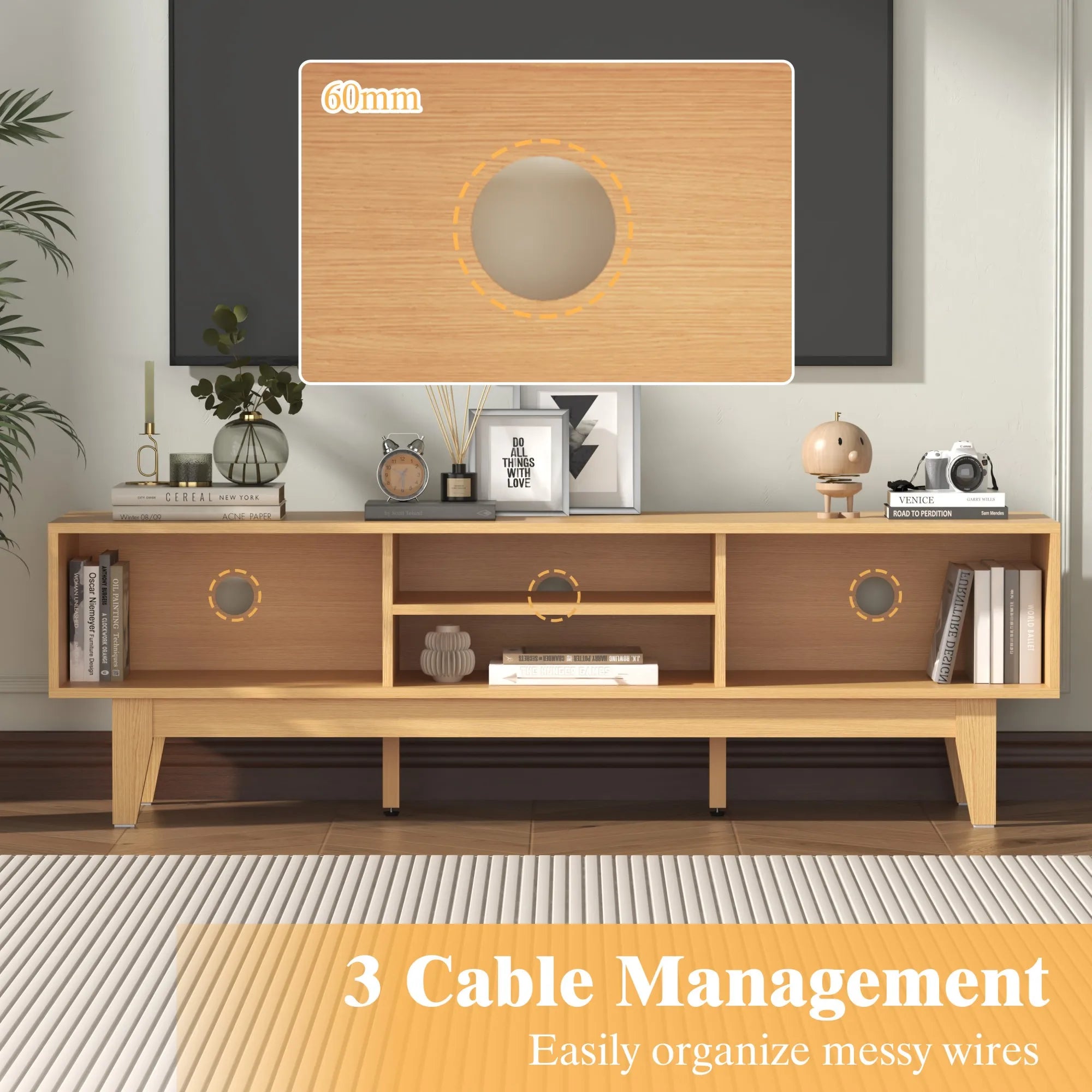 Boho TV Stand for 55 65 Inch TV, Rattan Entertainment Center with Shelves, Cabinets and Sliding Doors, cord holes