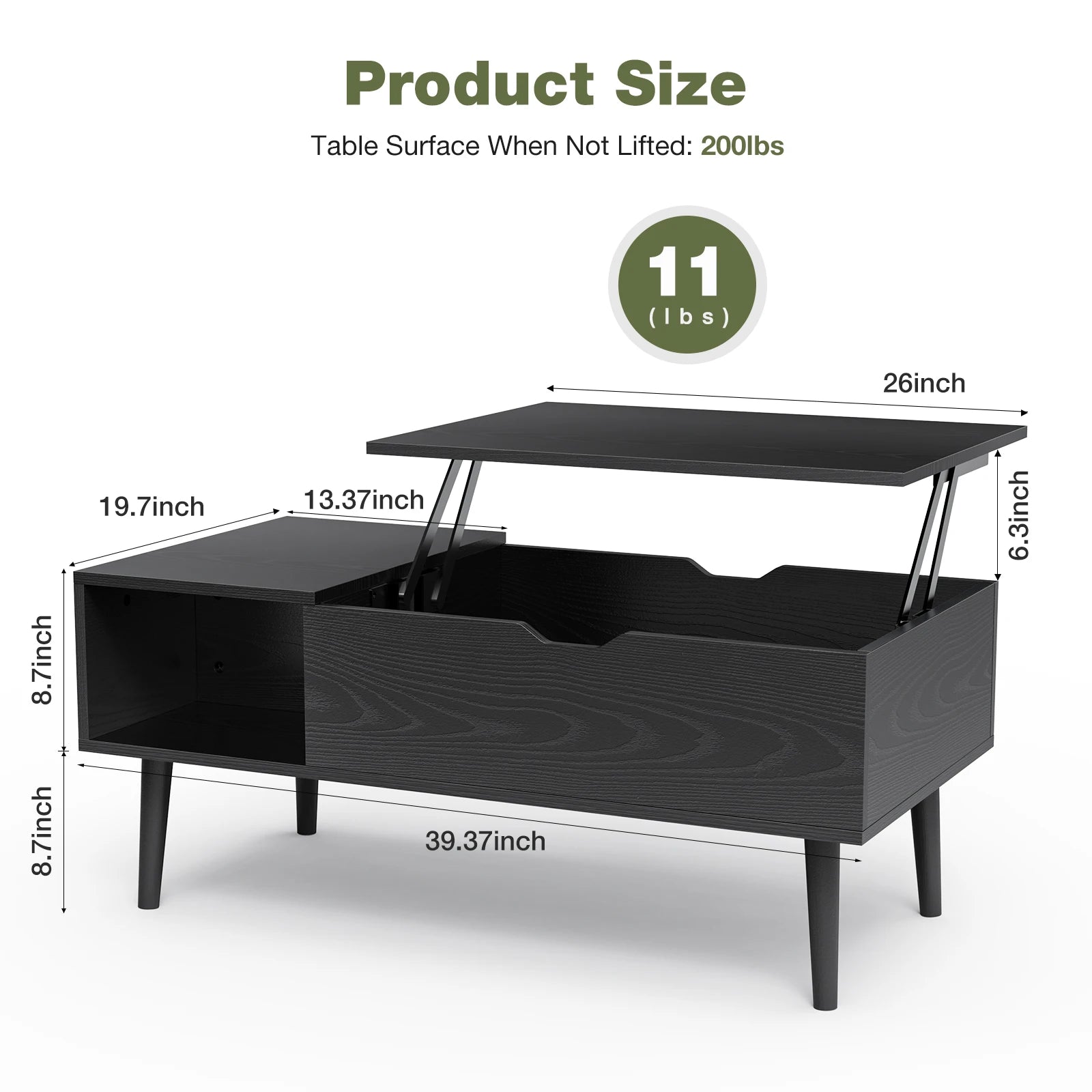 Lift Top Table 39.37"x19.7" Desk Tea Wood  Adjustable Storage Shelf Easy Lift Or Lower