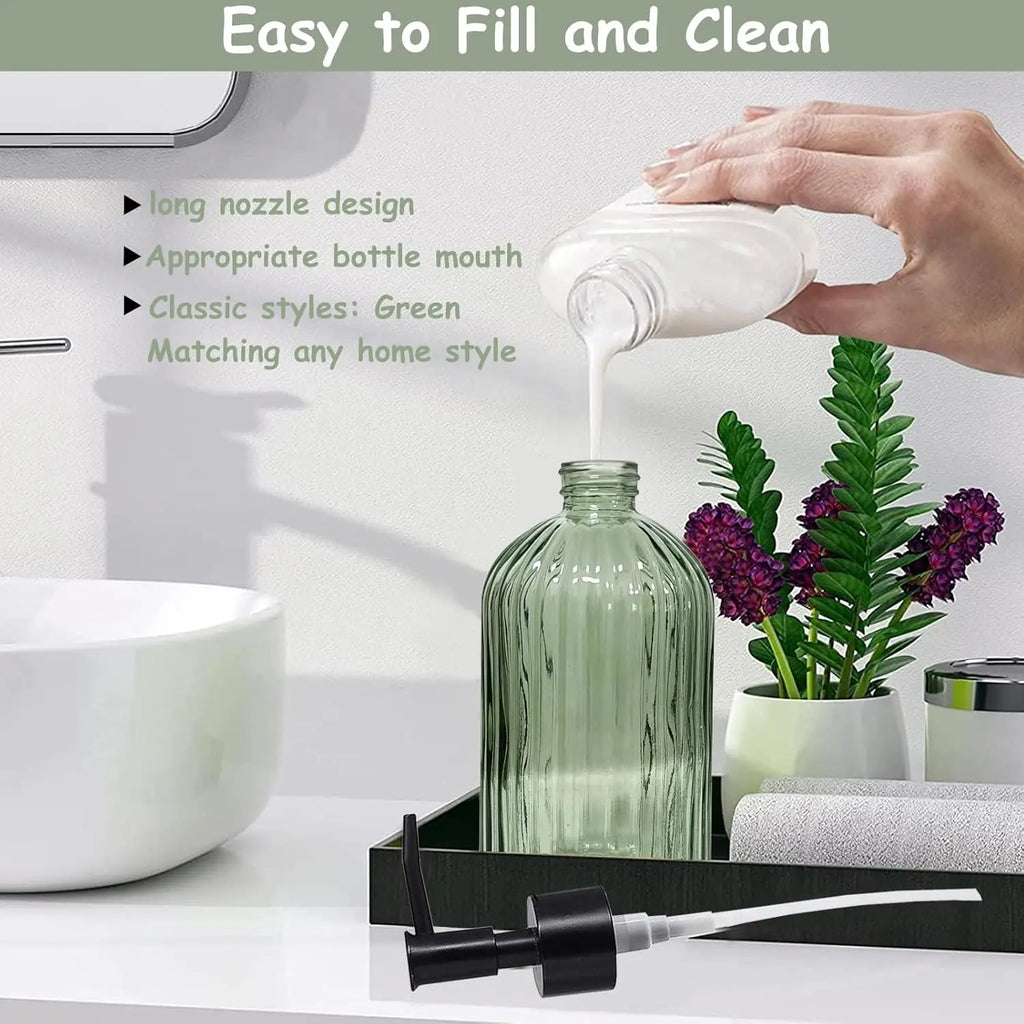 Green Glass Soap Dispenser Set with Black Pump, 13.5oz Refillable 2 pack