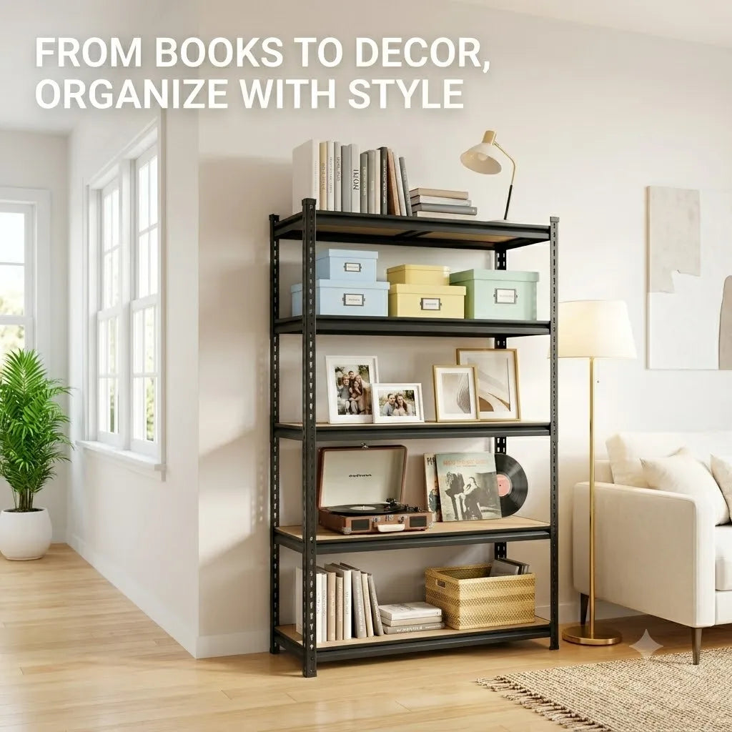 Heavy Duty 5-Tier Metal Shelving Unit with MDF Shelves, Adjustable Boltless Storage Rack Utility Organizer for Garage Basement Pantry