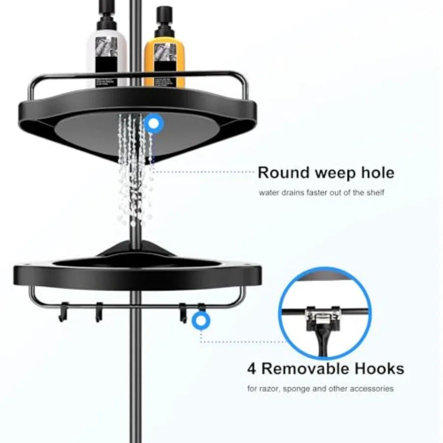 Corner Shower Caddy Tension Pole: Adjustable Stainless Steel  4 Tier Shelf