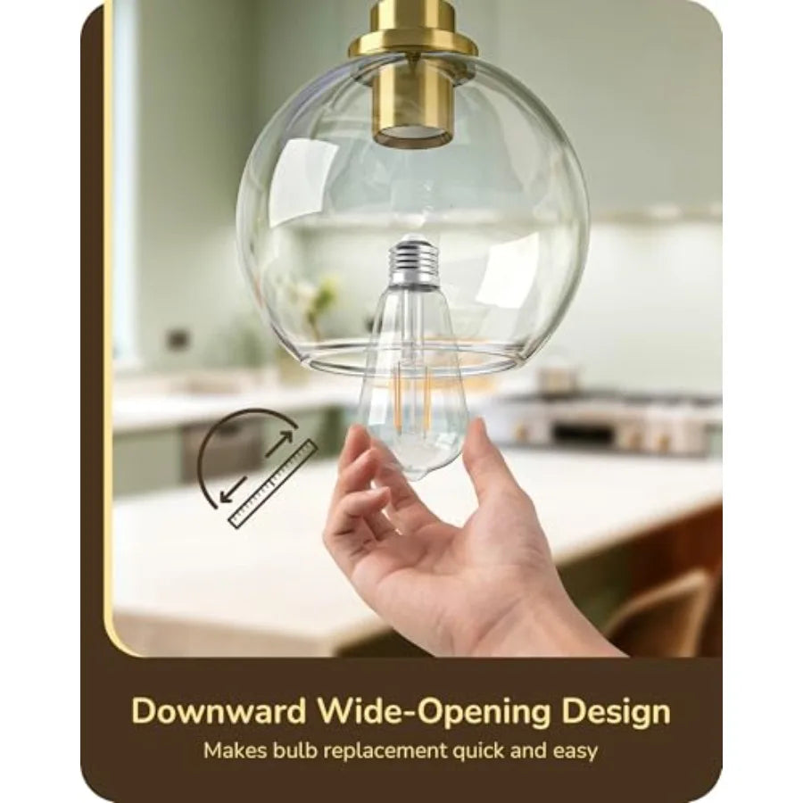 Pendant Light Fixtures with Clear Glass Globe Shade, Kitchen Hanging Lighting Over Island, Hardwired Adjustable