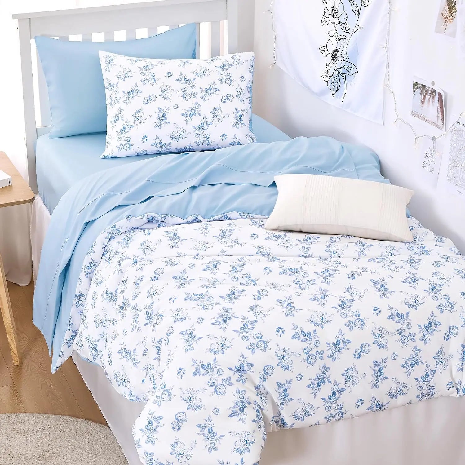 Cottagecore Duvet Cover Set Floral Vintage Flower Soft Lightweight Bedding 3-Piece Light Blue Twin/Twin XL