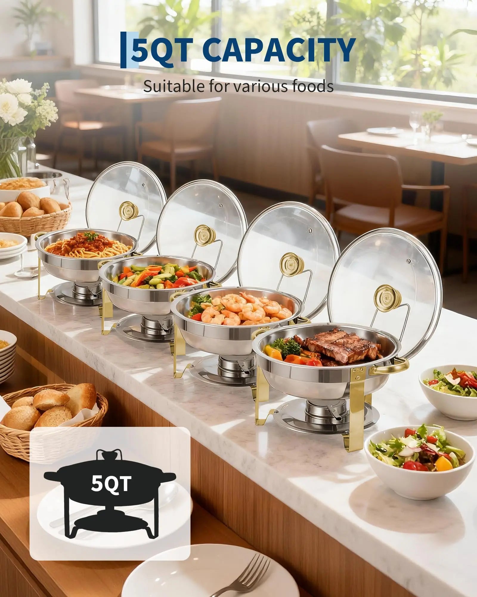 4 Pack Chafing Dishes Set for Buffet, 5 QT Stainless Steel Food Warmers with Glass Lid