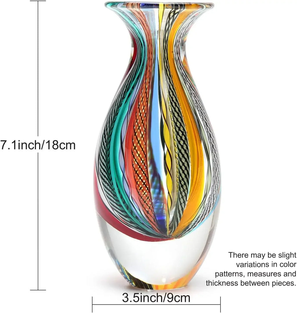 Pair Small Glass Vases Hand Blown Murano Style Art Glass Colored Canes Boho