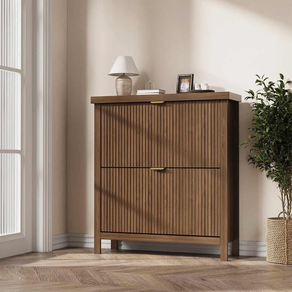 Fluted Shoe Cabinet with 2 Flip Drawers Natural Oak Hide Everyday Shoes in a Slim 9.5-Inch  Fluted Style