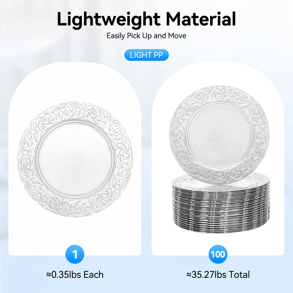 100 Pcs Silver Round Charger Plates Set, Reusable or Disposable multi-use