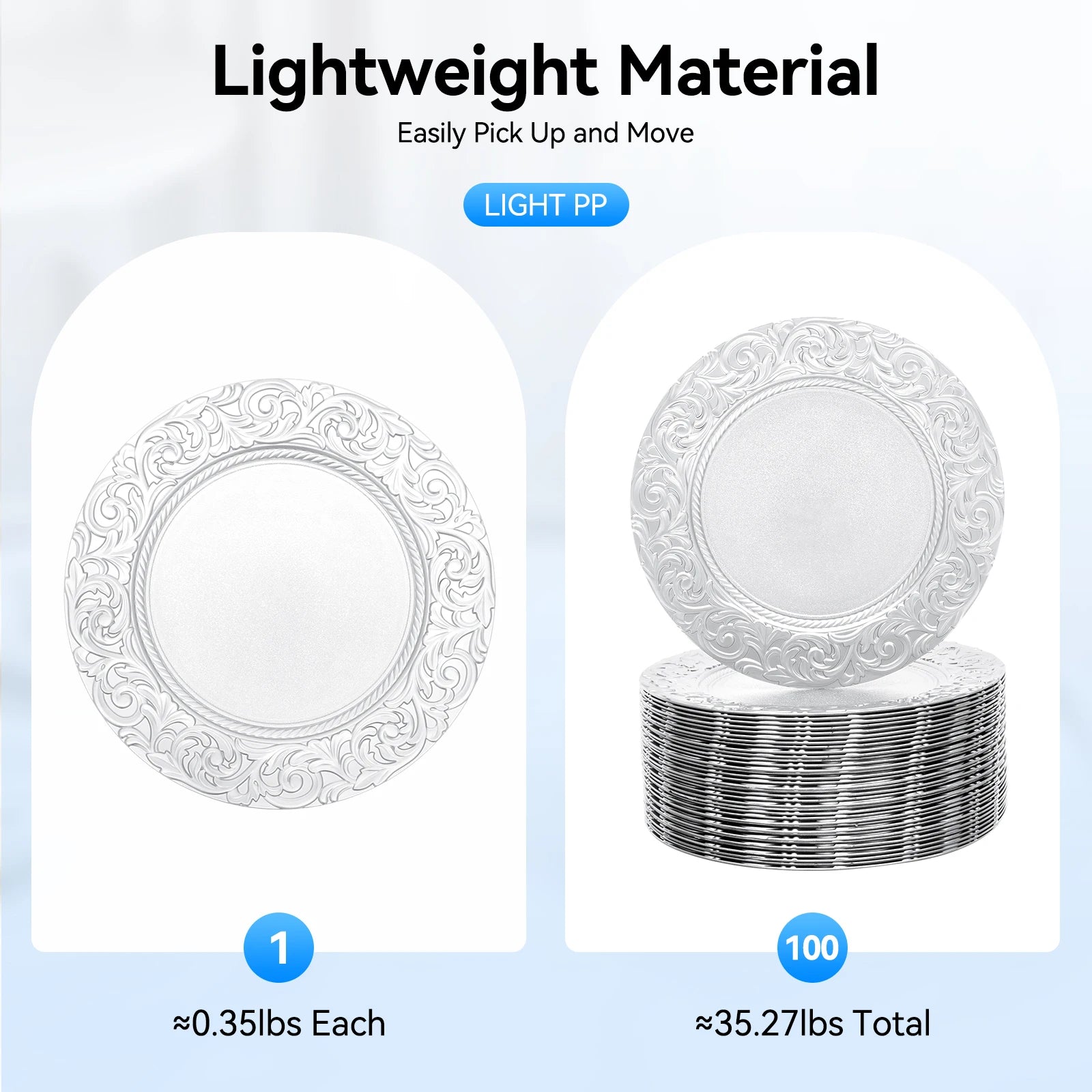 100 Pcs Silver Round Charger Plates Set, Reusable or Disposable multi-use