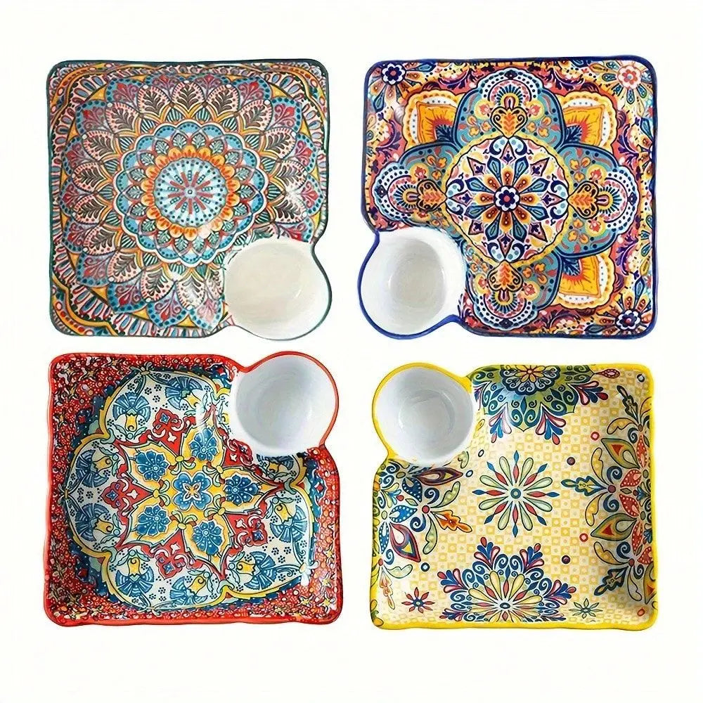 4-Piece Bohemian Art Ceramic Dinner Plate Set - 8-Inch