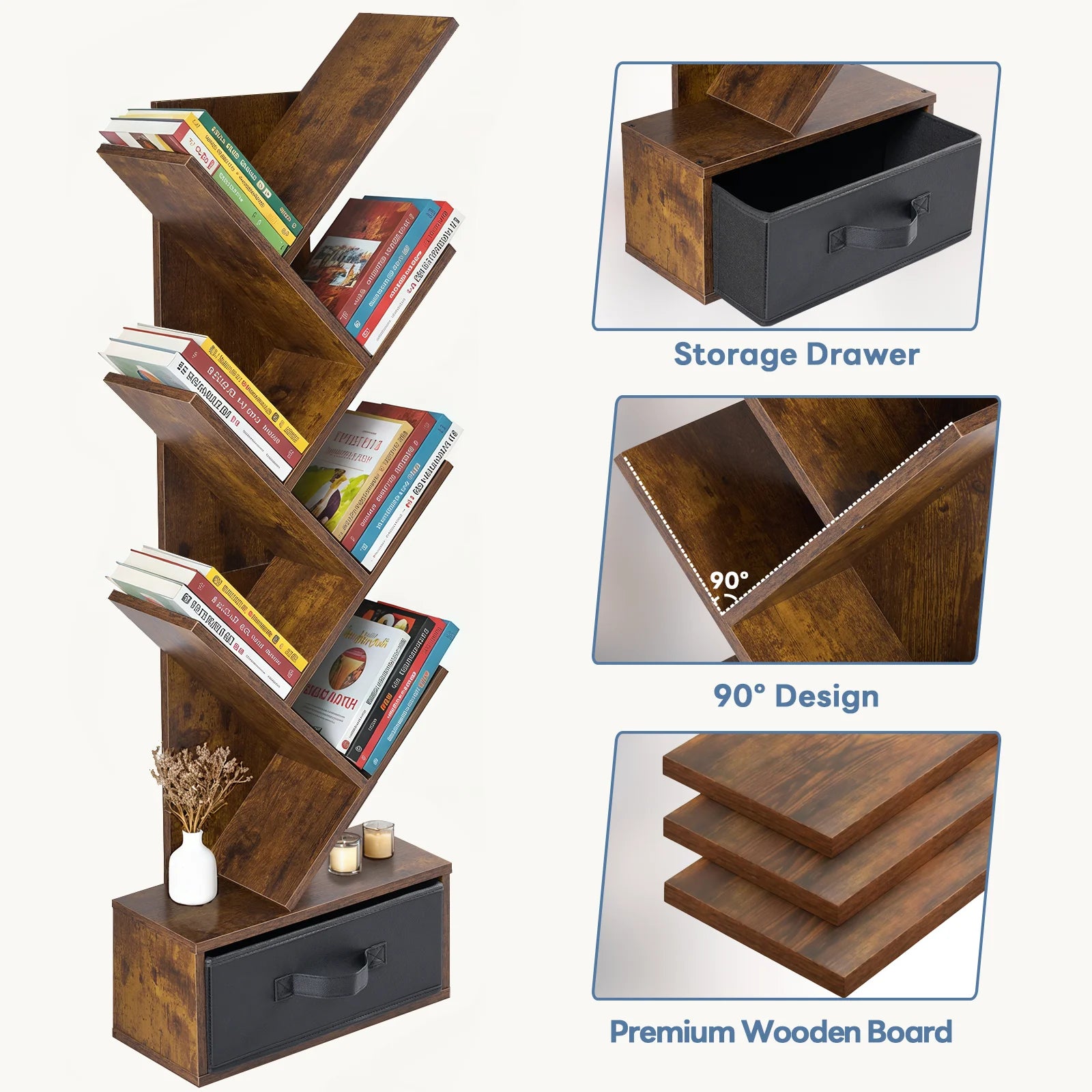 43" Geometric Tree Wooden Book Rack 7-Tier with bottom Drawer Slim Corner