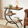C-Shaped End Table, Industrial 3-Tier Small Table Wood with Storage Shelves