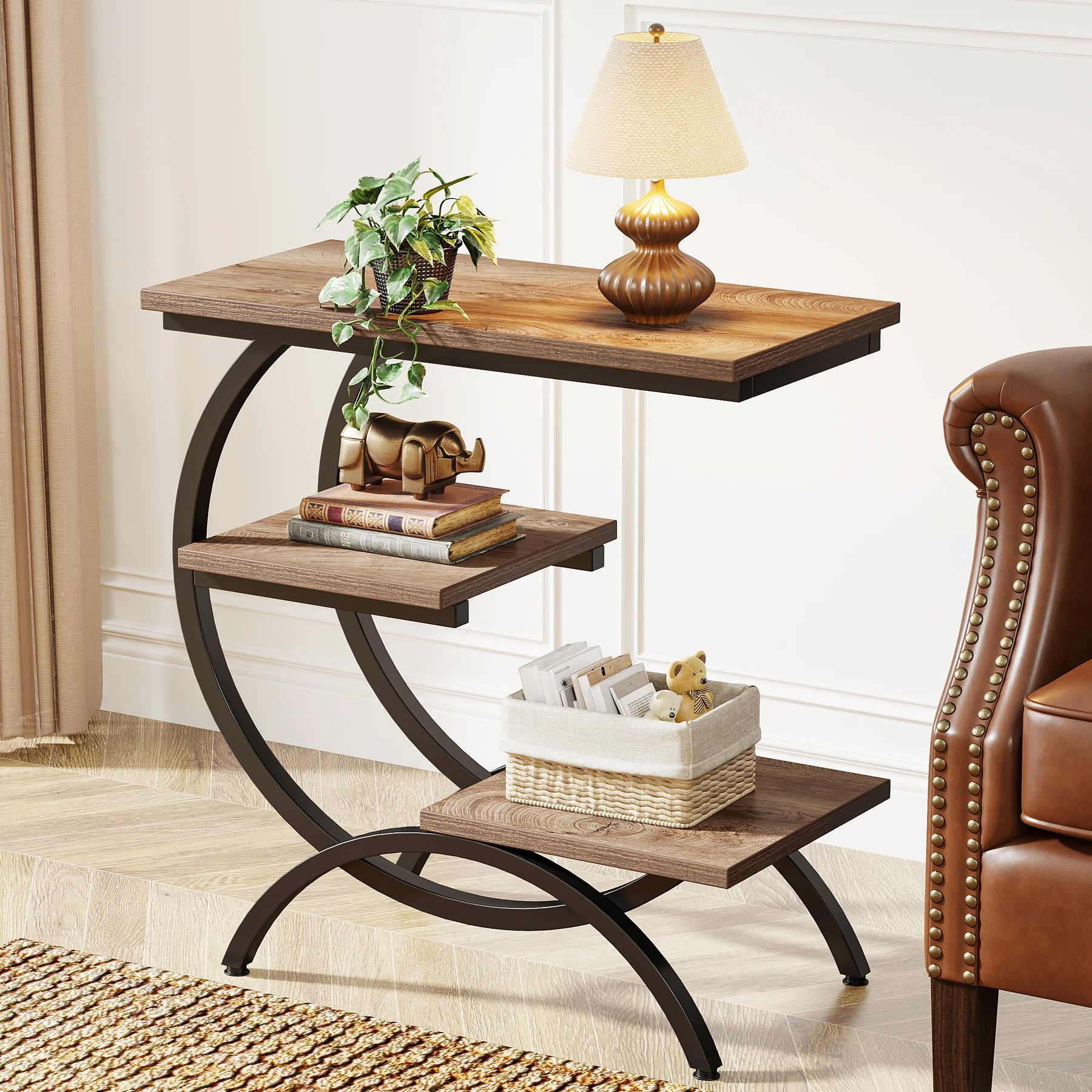 C-Shaped End Table, Industrial 3-Tier Small Table Wood with Storage Shelves