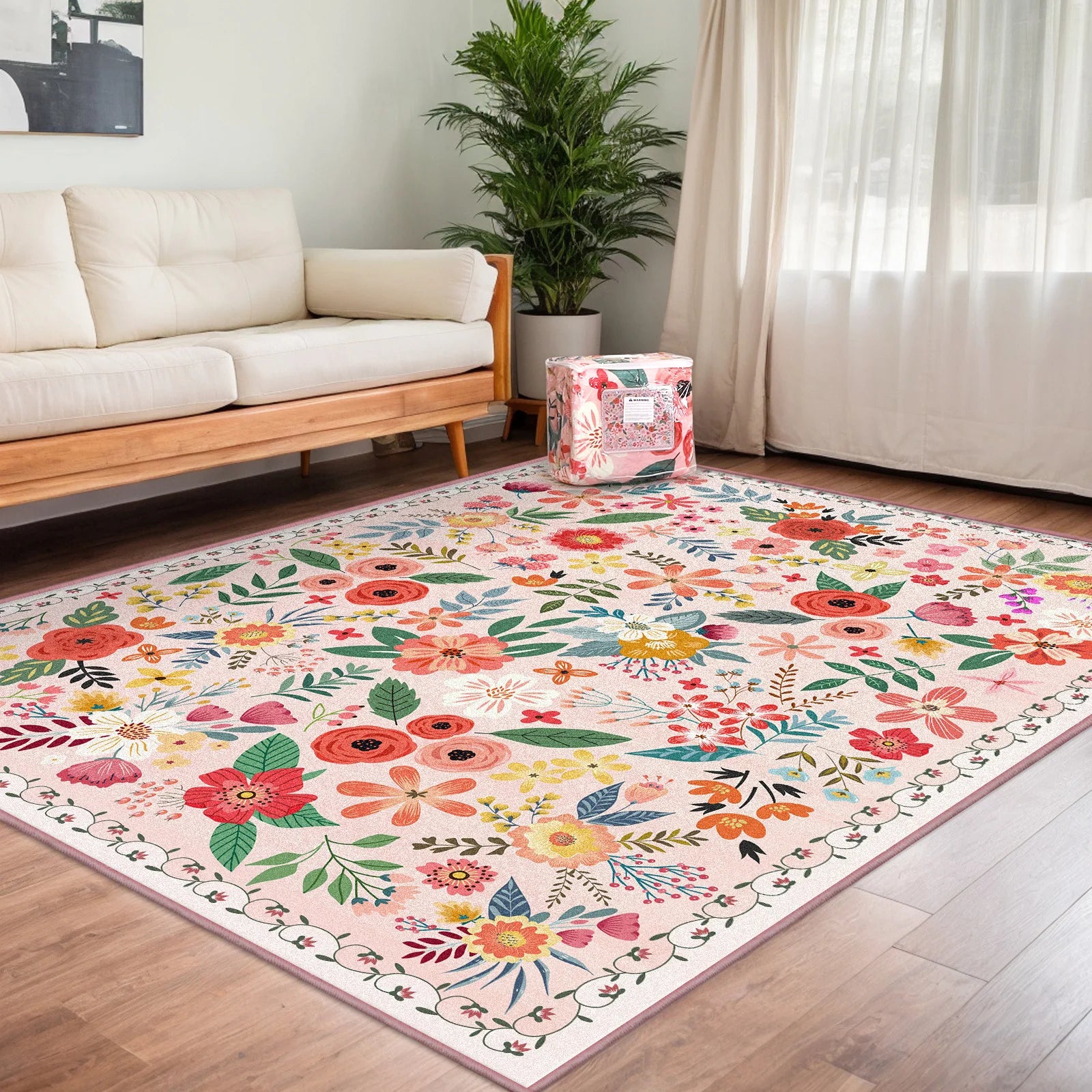 8' X 10' Washable Rug Boho Floral Rug Low Pile Indoor Carpet Non Slip Floor Carpet for Large Living Room Bedroom