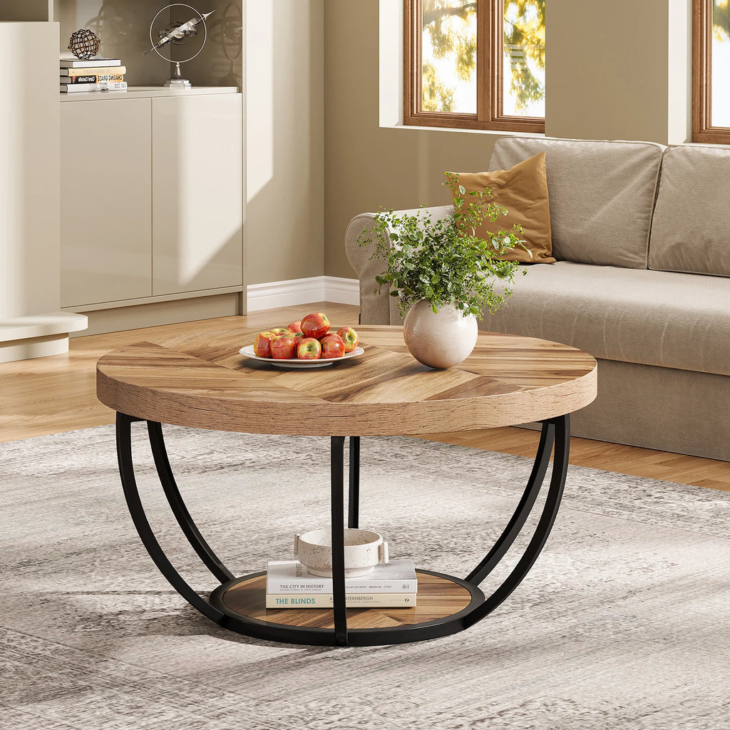 31.7" Round Table, Industrial 2-Tier Circle with Storage Shelves, Modern Wooden Accent Center Tab