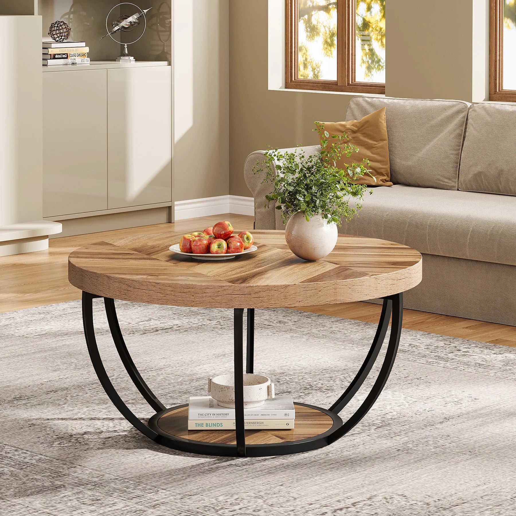 31.7" Round Table, Industrial 2-Tier Circle with Storage Shelves, Modern Wooden Accent Center Tab