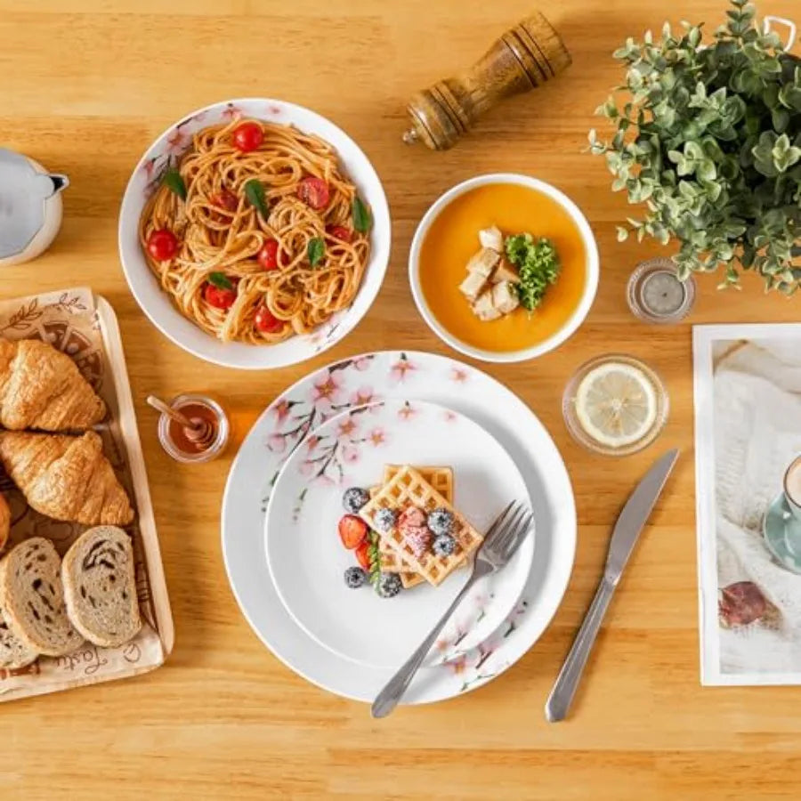 Dinnerware Sets for 6, 24 Porcelain Plates and Bowls Set with Pink Floral,