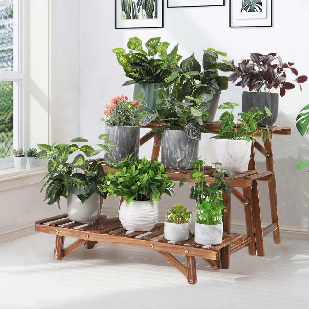 3 Tier Ladder Shelf Wood Plant Stand for Garden Balcony