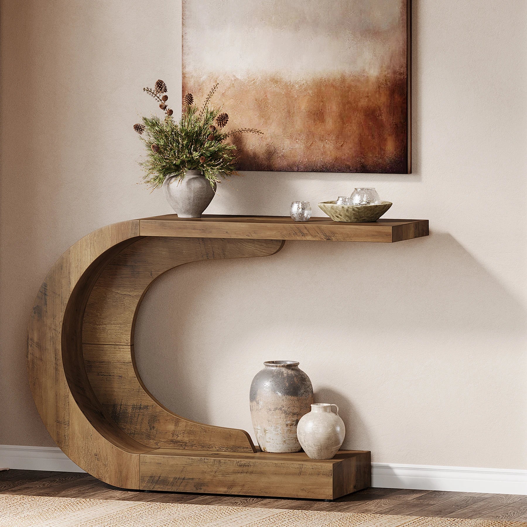 43.3" Mid-Century Modern Console Table Wood C-Shaped y Accent Table