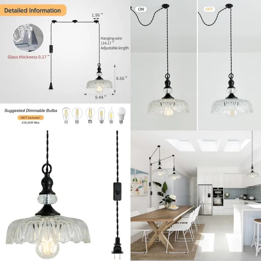 Plug in Glass Pendant Light Fixture Black Vintage Adjustable Chandelier Hanging Ceiling Light