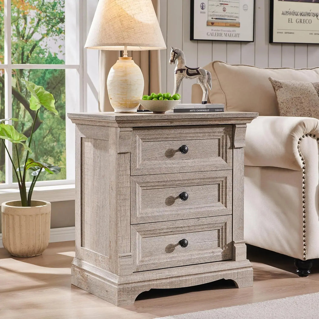 Farmhouse Wood 26" Tall Nightstand with Charging Station, 23.6"  3 Drawers Storage