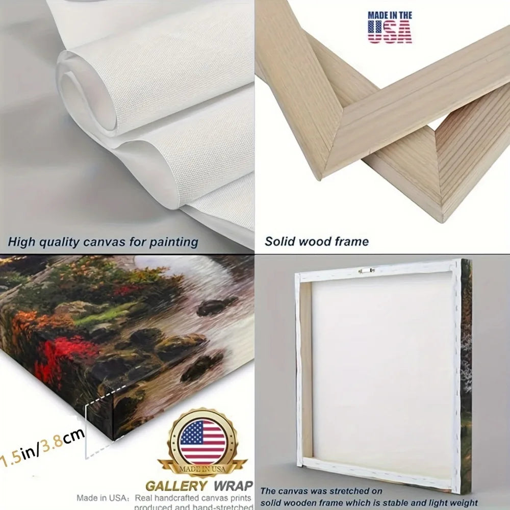 1.5 inch thick pine solid wood frame, Chinese "pink plum" landscape mural,
