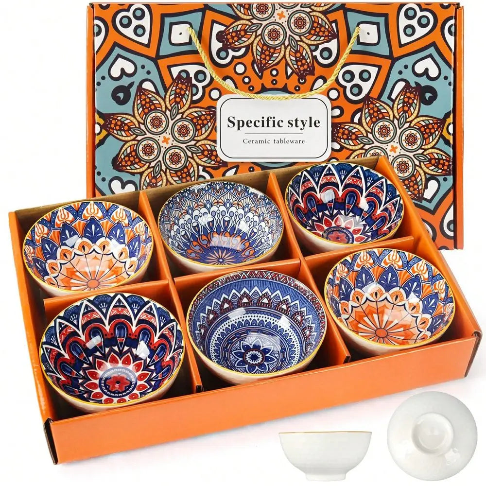 Set Of 6 Ceramic Bowls 10 Oz, Bohemian Ceramic Bowl Set,