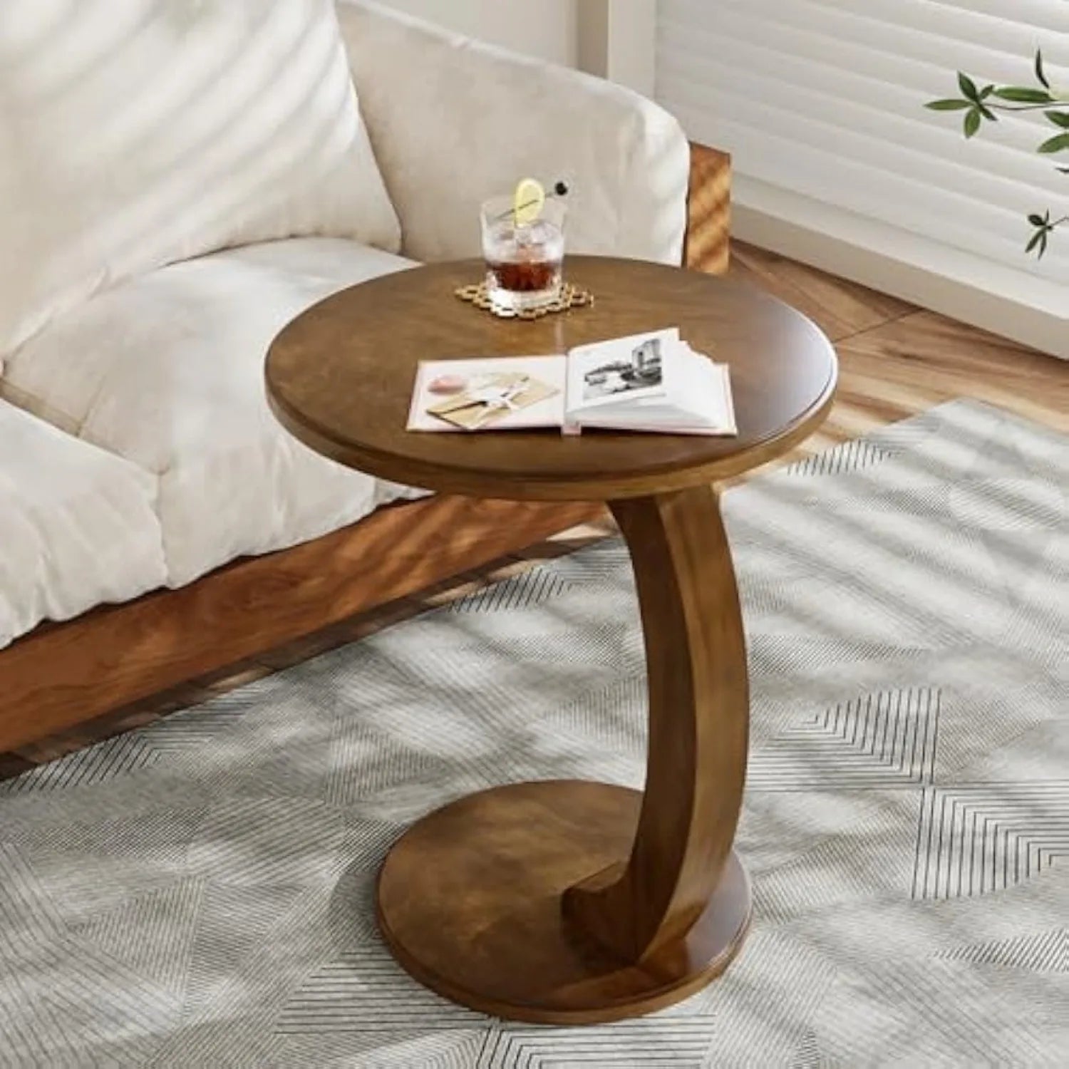 Round End/Side Table, Wooden C-Shaped End Table, Mid-Century Boho