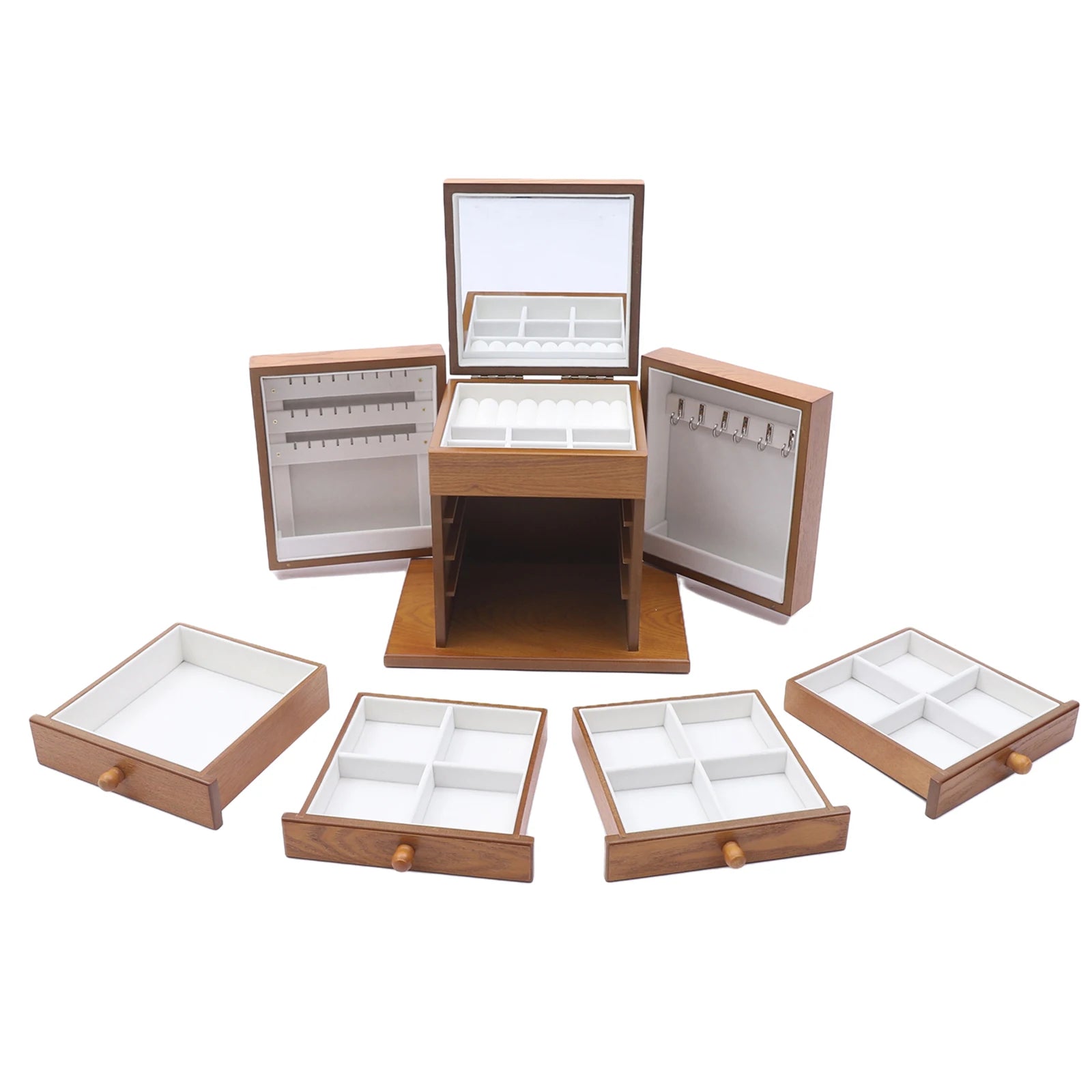 5-tier Wooden Jewelry Box w/ Drawers Mirror Rings, Earrings, Necklaces, Bracelets