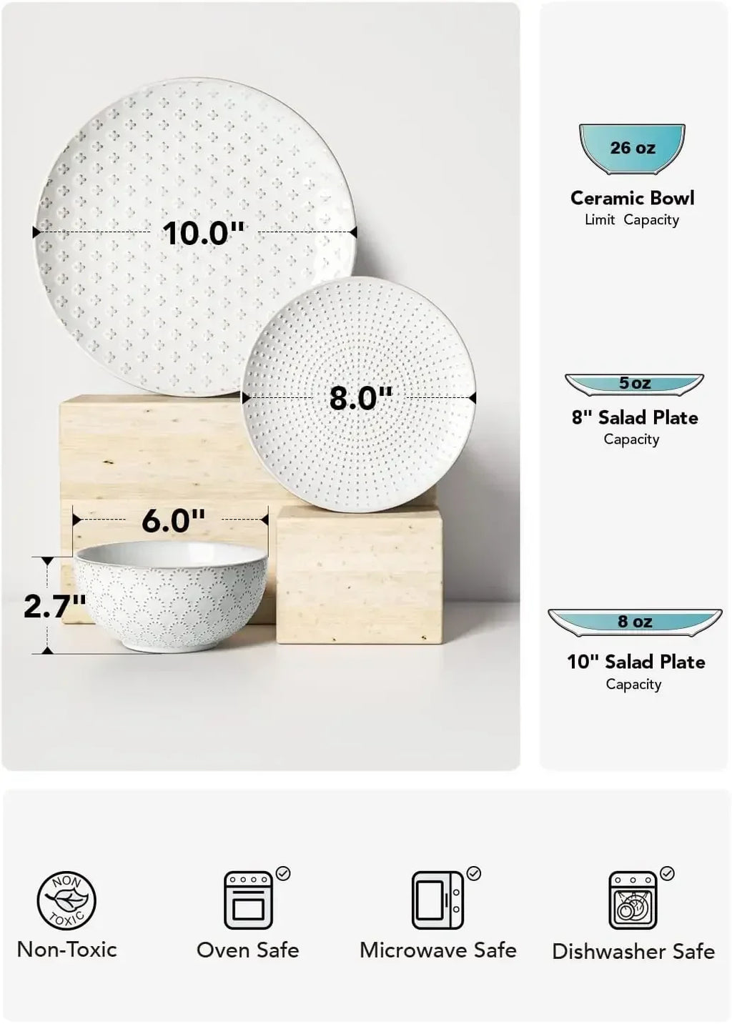Dinnerware Sets 12 PCS, Ceramic Plates and Bowls Set (10" Dinner Plate + 8" Salad Dish + 26 oz