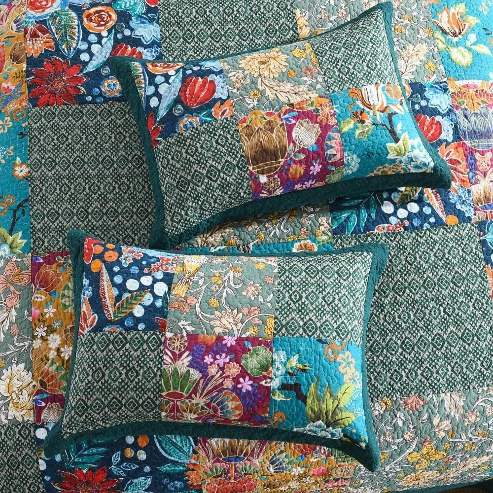 Vintage Patchwork Cotton Bedspread, Reversible Floral Quilt Set, Queen Size