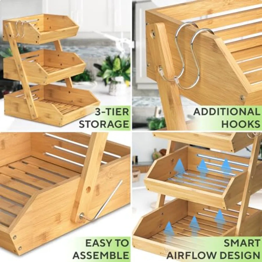 Bamboo Basket 3-Tier  w/ 2 Hangers - Durable and Easy to Assemble