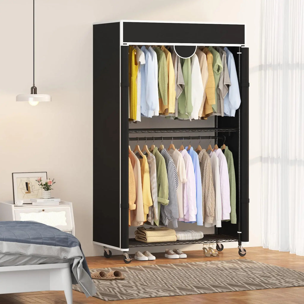 Heavy Duty Clothes Rack with Cover, 485LBS Capacity, Portable Closet Wardrobe on Wheels, Carbon Steel, Dustproof, Tool-Free Assembly