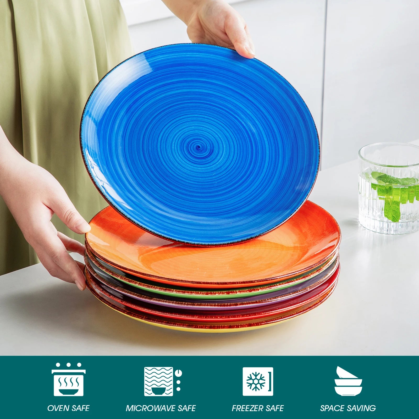 6/12 Piece Multicolour 10.4 inch Dinner Plate Set Handpainted in Rustic Look 26.5cm Serving Plate