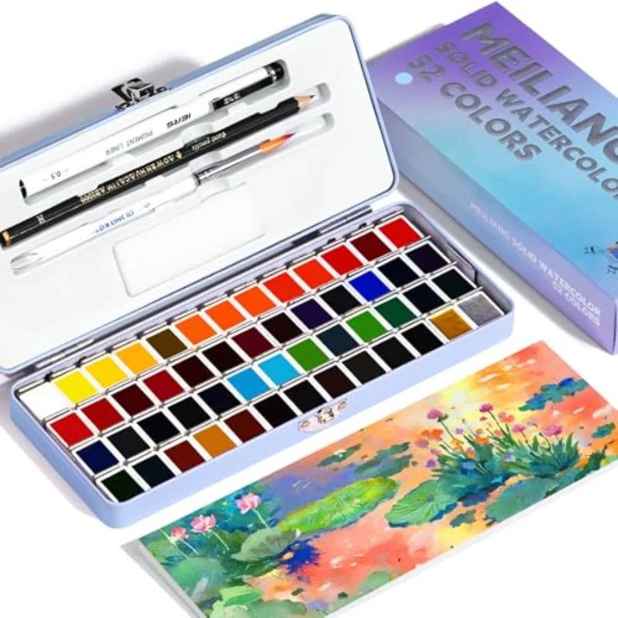 52 Vibrant Colors Watercolor Paint Set for Adults Metallic Shades, Includes Brush, Pencil, Sponge